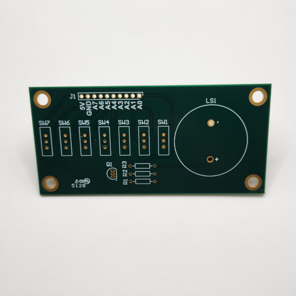 Front of unpopulated Simple Switch and Speaker Demo Board v2 PCB
