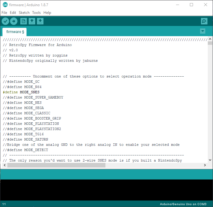 Selecting a RetroSpy firmware mode in the Arduino IDE