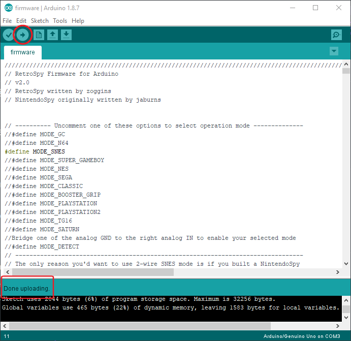 Uploading RetroSpy firmware from the Arduino IDE